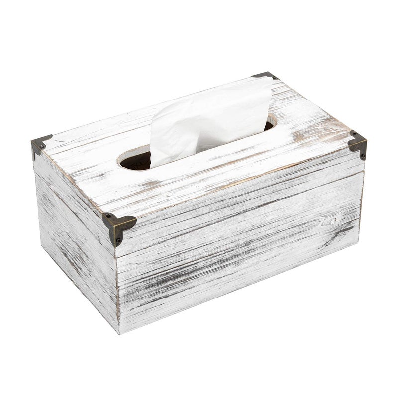 VERGOODR Distressed Wooden Rustic Facial Tissue Box Holder Tissue Box Cover Napkin Dispenser for Bathroom Living Room Dining Room Bedroom Toilet (Washed White) - Image 1